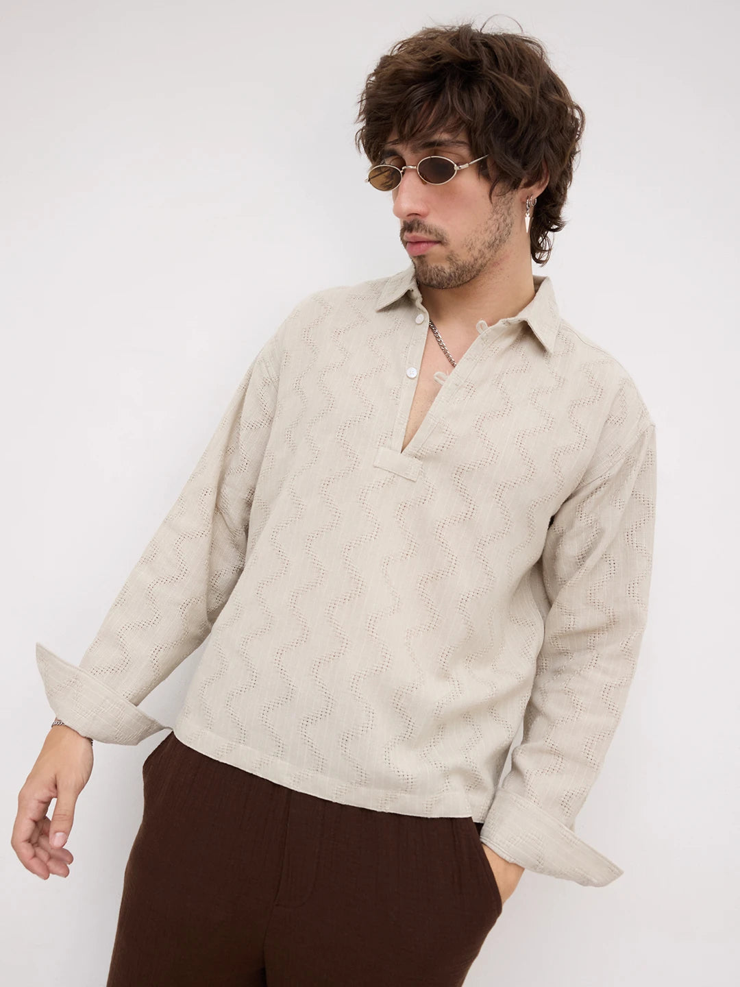 Ash Grey Intricate Crossweave Jacquard Loop Button Oversized Shirt