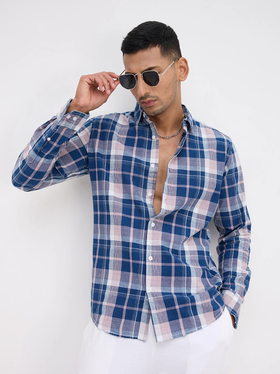 Denim Blue & Peach Multi Line Block Checks Shirt