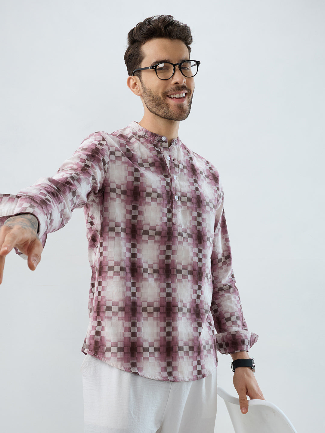 Turkish Rose Pink Pixel Block Checks Kurta