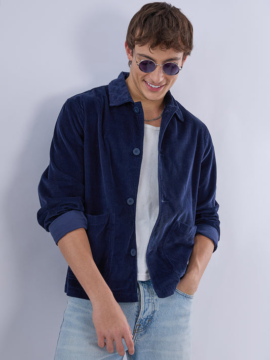 Exquisite Navy Corduroy Double Pocket Oversized Shacket
