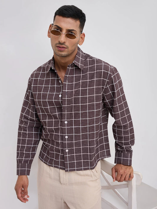Espresso Brown Contrast Square Checks Boxy Fit Crop Shirt