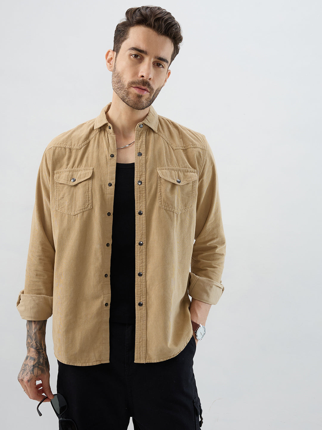 Voguish Camel Beige Double Pocket Corduroy Overshirt