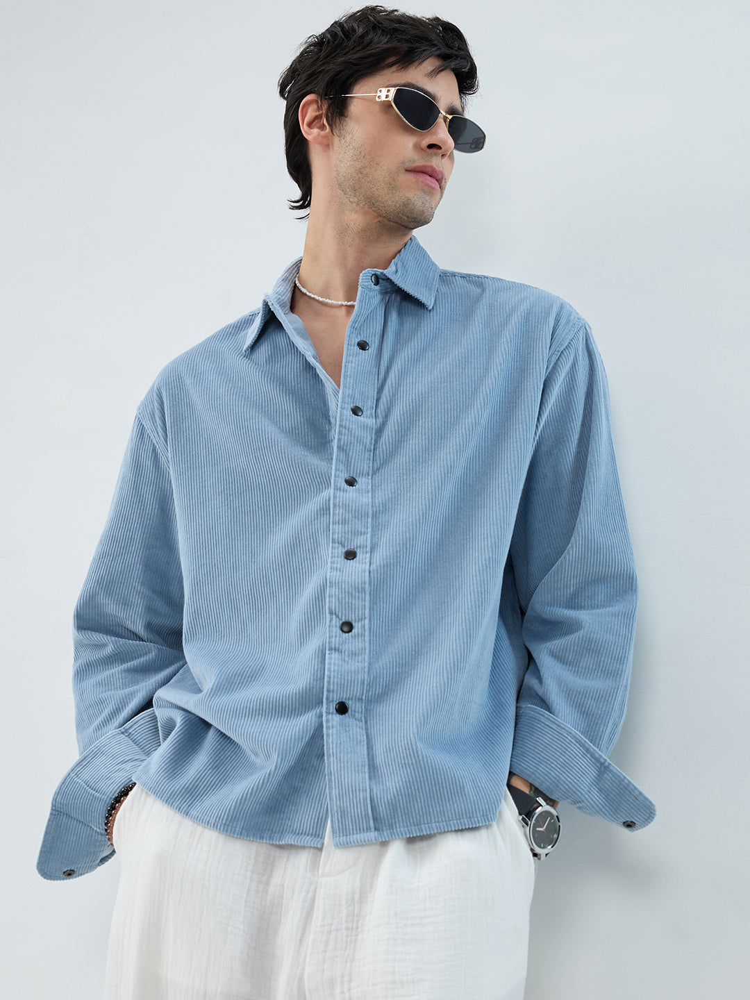 Soft Sky Frost Corduroy Boxy Fit Crop Shirt