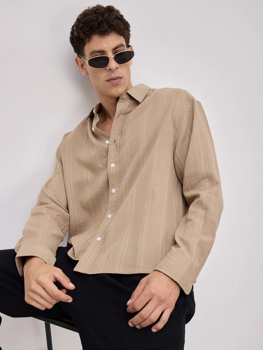 Warm Tan Double Cloth Seersucker Striped Boxy Fit Crop Shirt