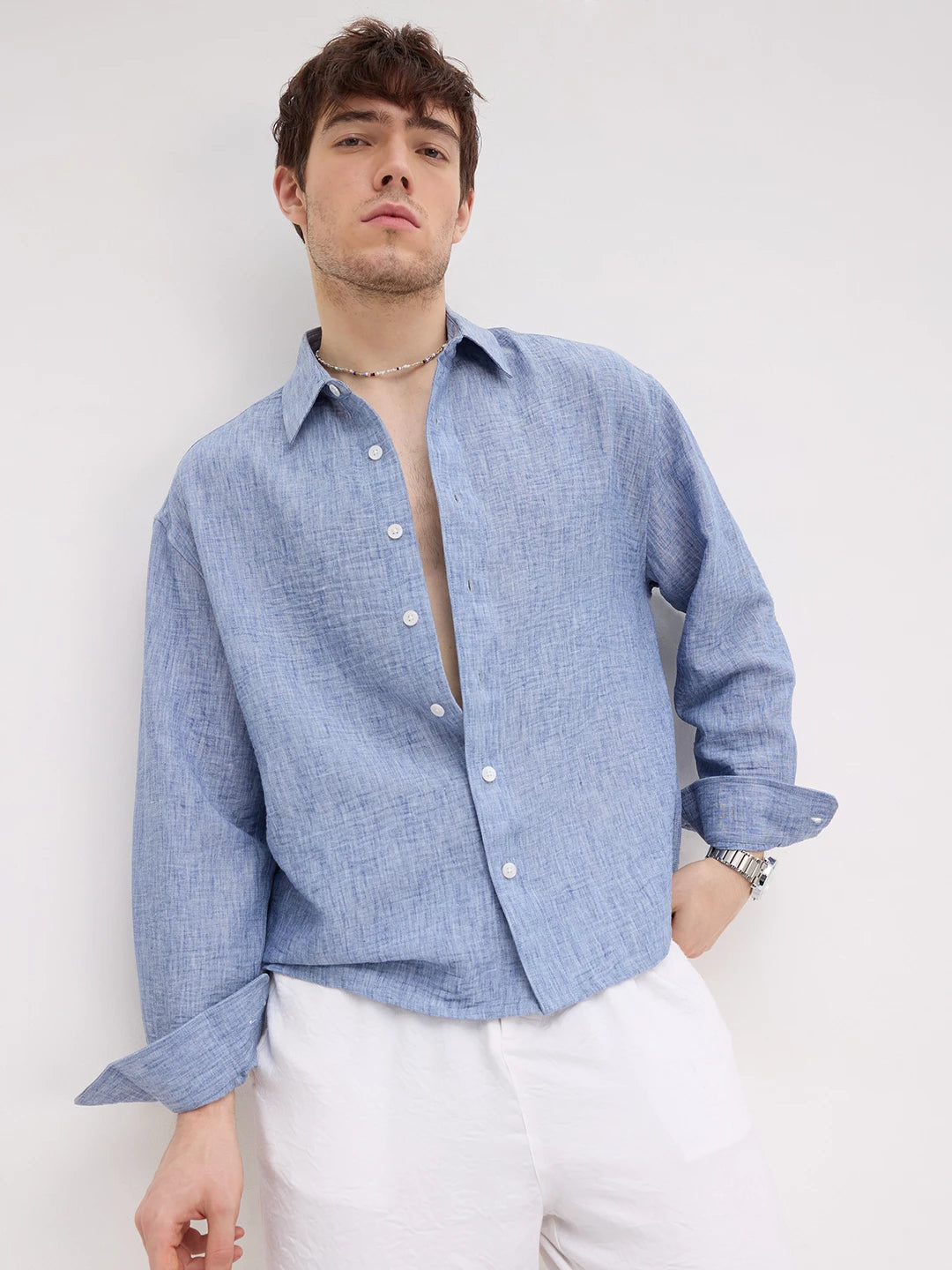 Royal Blue Textured Boxy Fit Crop Shirt