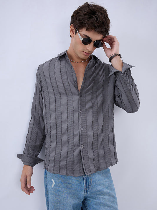 Grey Frayed Panelled Waffle Textured Shirt