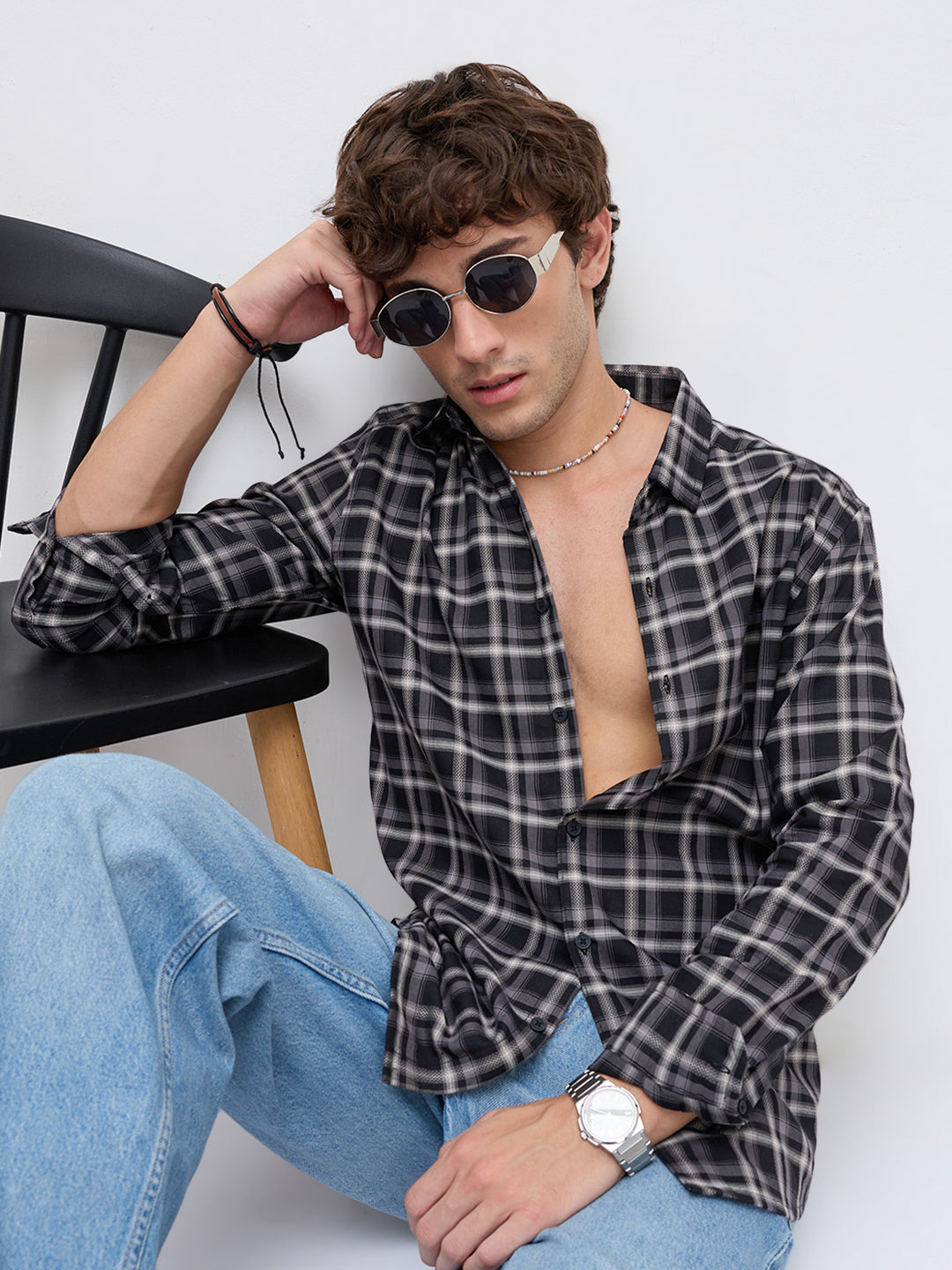 Black & Grey Tartan Checked Relaxed Shirt