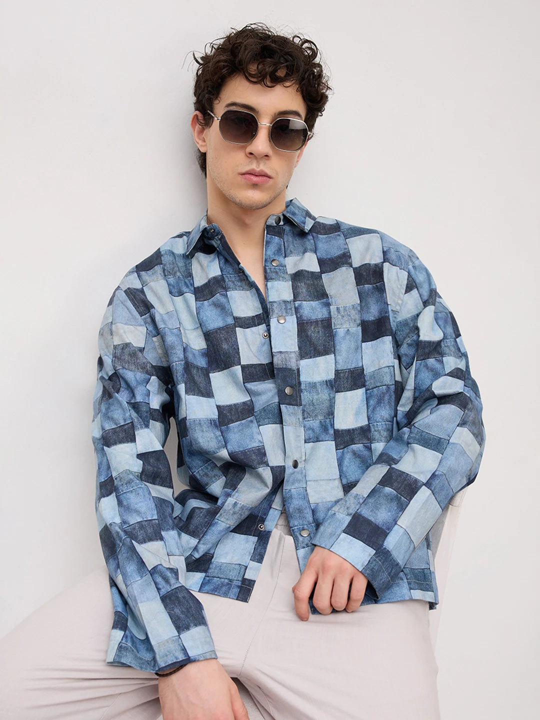 Ocean Blue Abstract Printed Cuffless Oversized Shirt