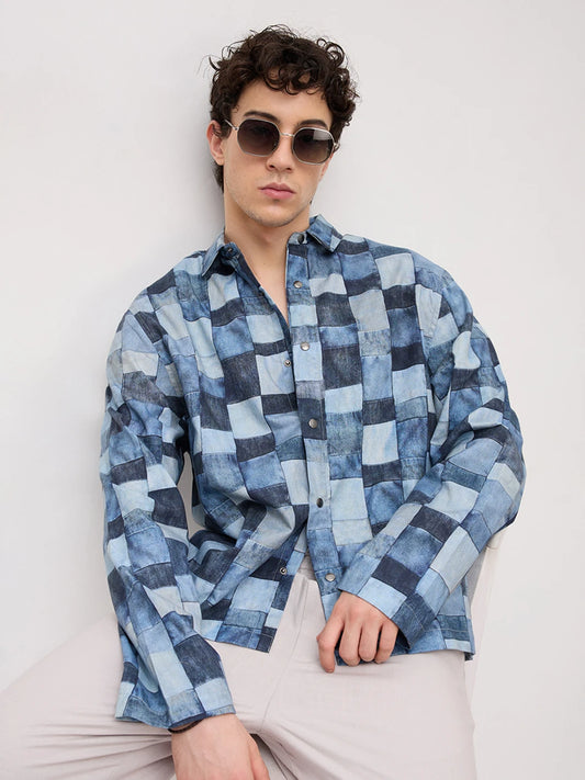 Ocean Blue Abstract Printed Cuffless Oversized Shirt