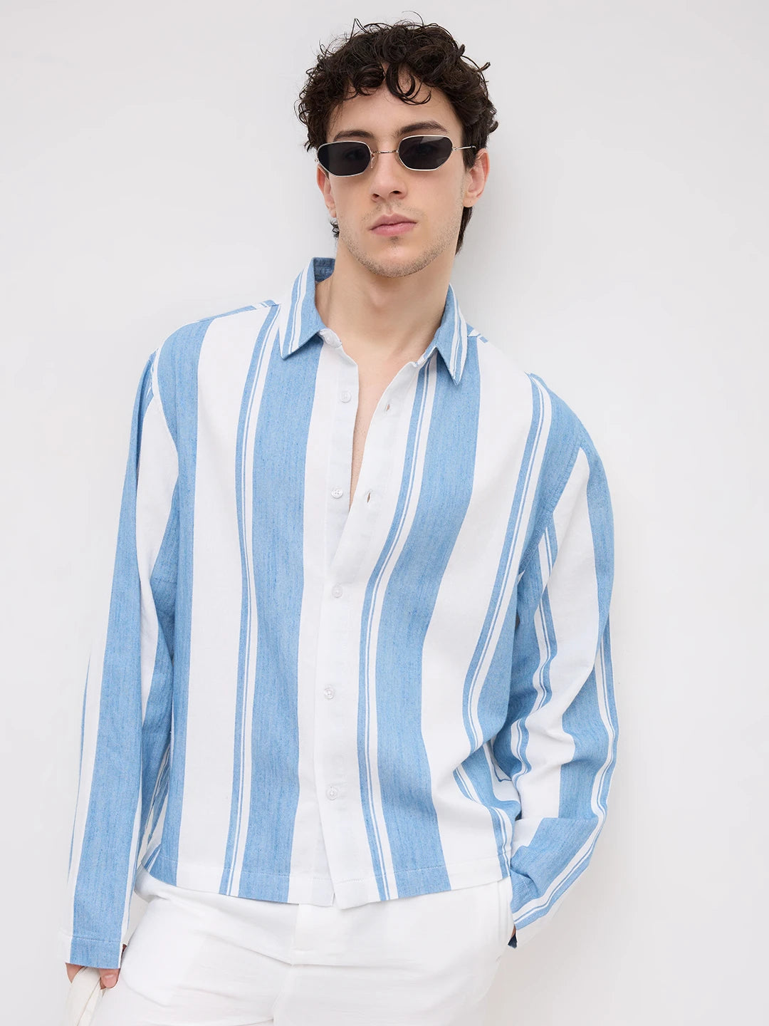 Denim Broad Stripes Oversized Cuffless Shirt