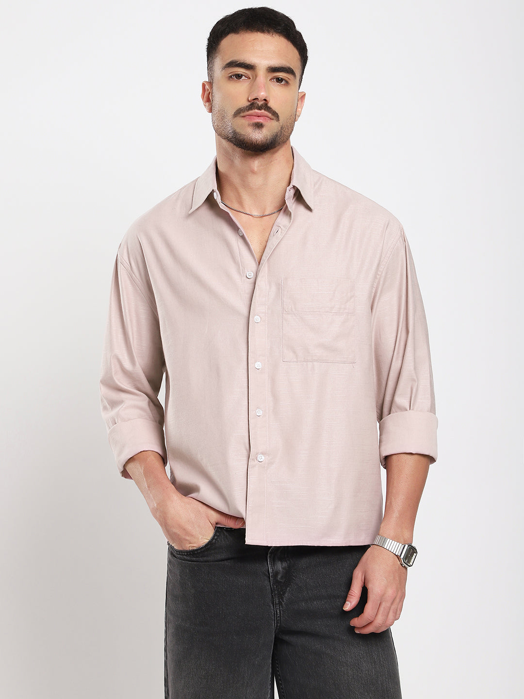 Dusty Pink Refined Slub Textured Boxy Fit Crop Shirt