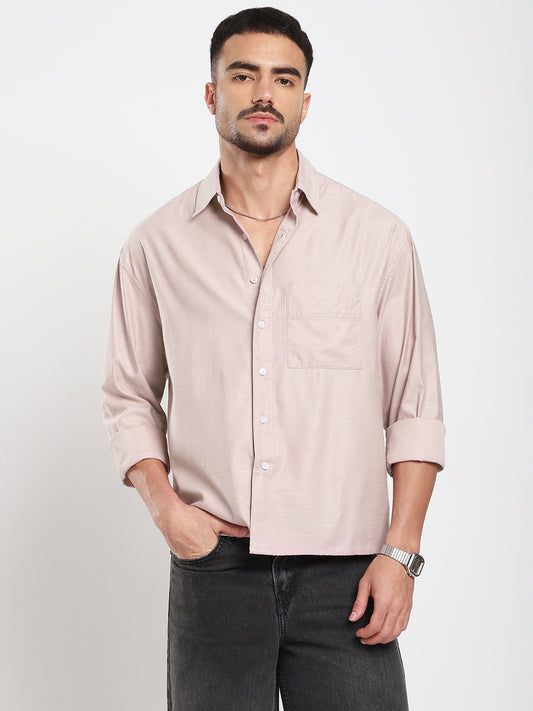 Dusty Pink Refined Slub Textured Boxy Fit Crop Shirt