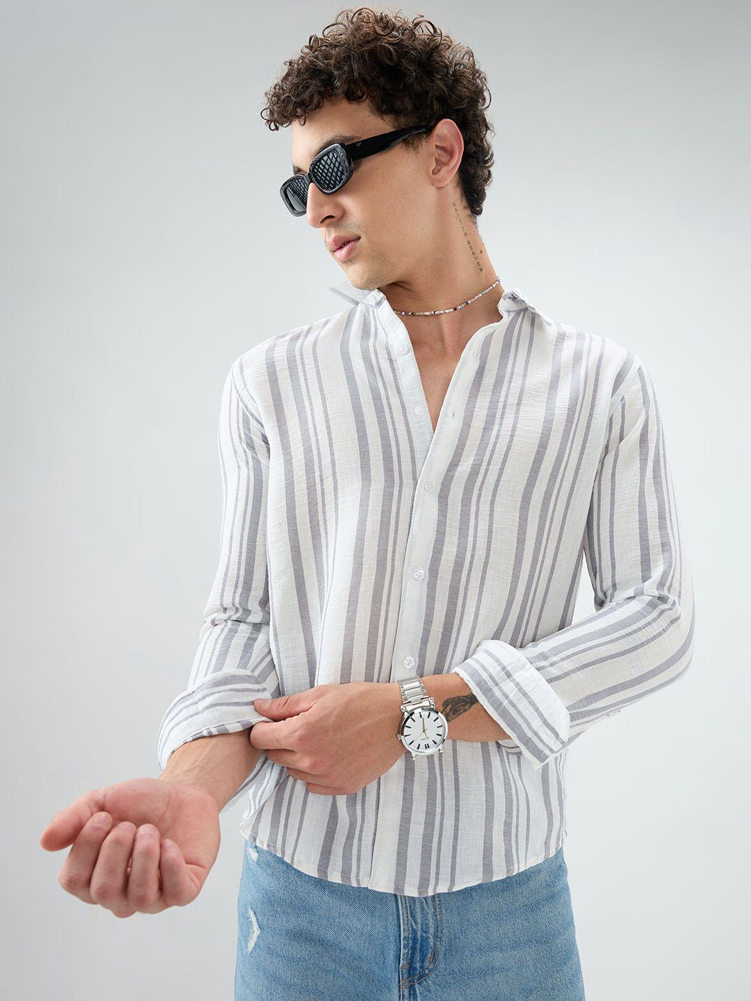 Ash Grey Vertical Striped Lightweight Shirt