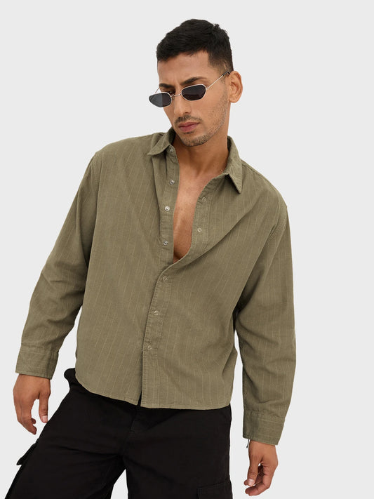 Luxe Olive Herringbone Corduroy Boxy Fit Crop Winter Shirt