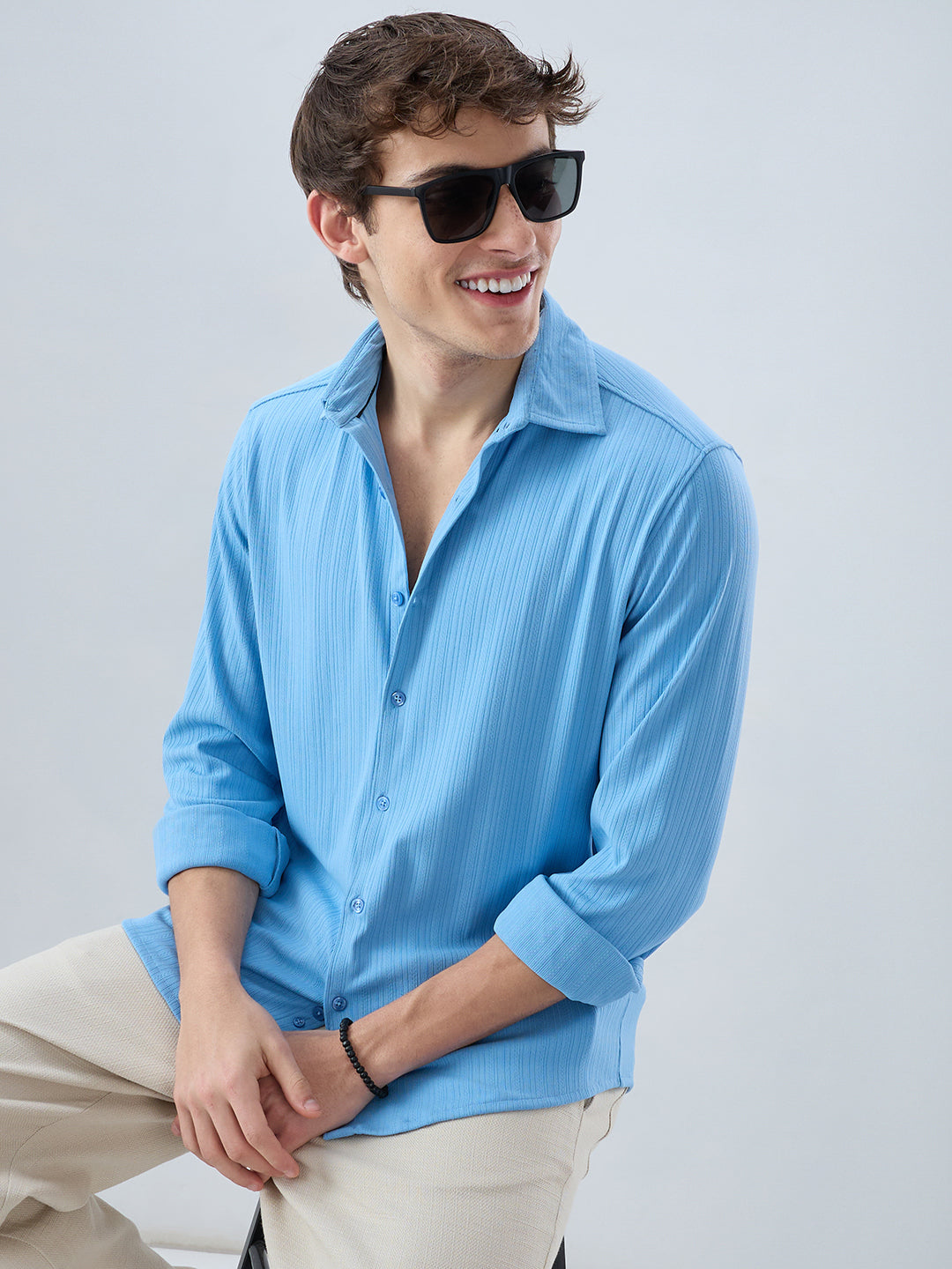 Sky Blue Fine Vertical Ribbed Knitted Shirt