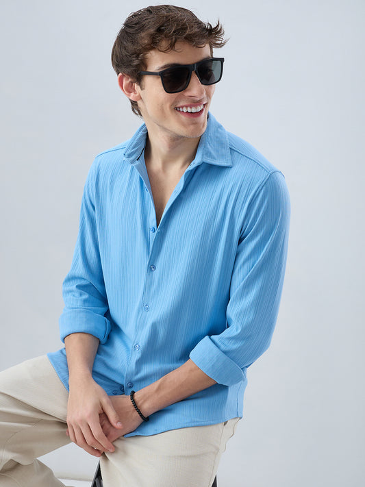 Sky Blue Fine Vertical Ribbed Knitted Shirt