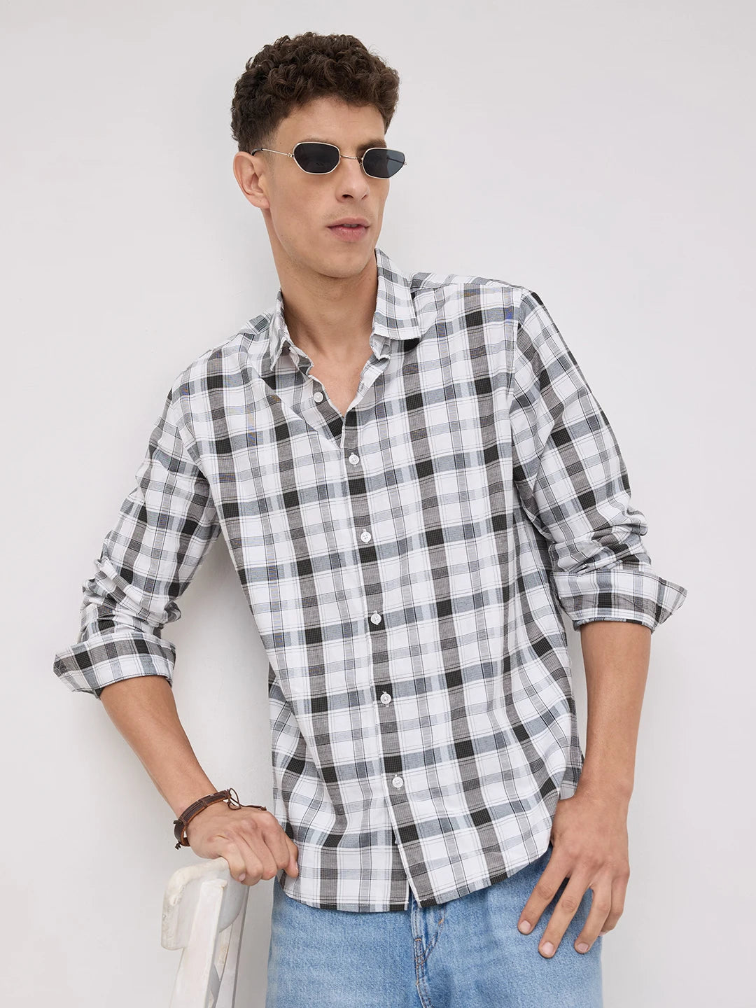 Premium White & Grey Plaid Checks Textured Shirt