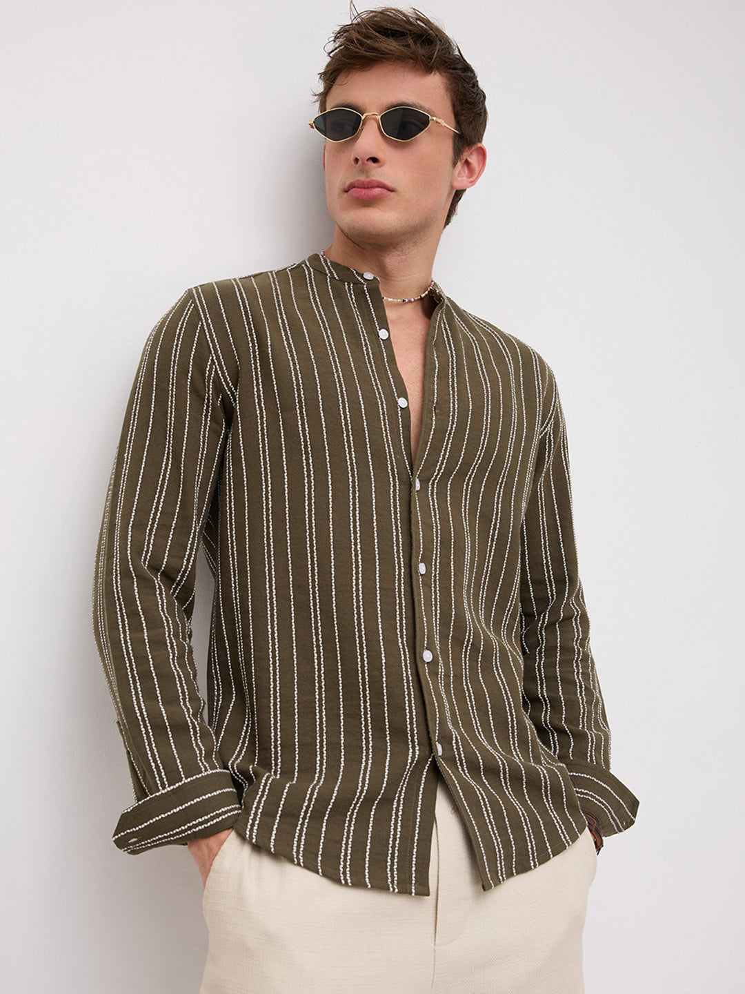 Olive & Ivory Striped Embroidered Mandarin Shirt