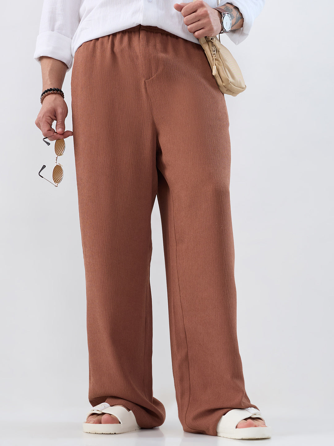 Saddle Brown Wide-Leg Crepe Comfort Trousers