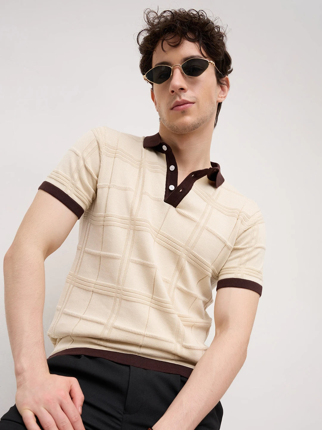Ivory Windowpane Textured Contrast Polo Flat Knit T-Shirt
