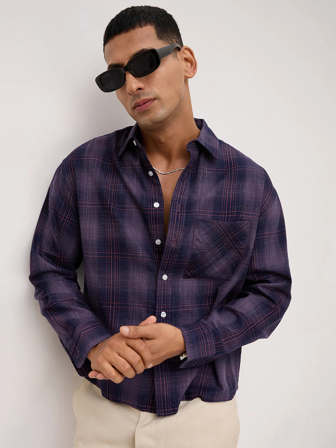 Iconic Purple & Copper Plaid Checks Boxy Fit Crop Shirt