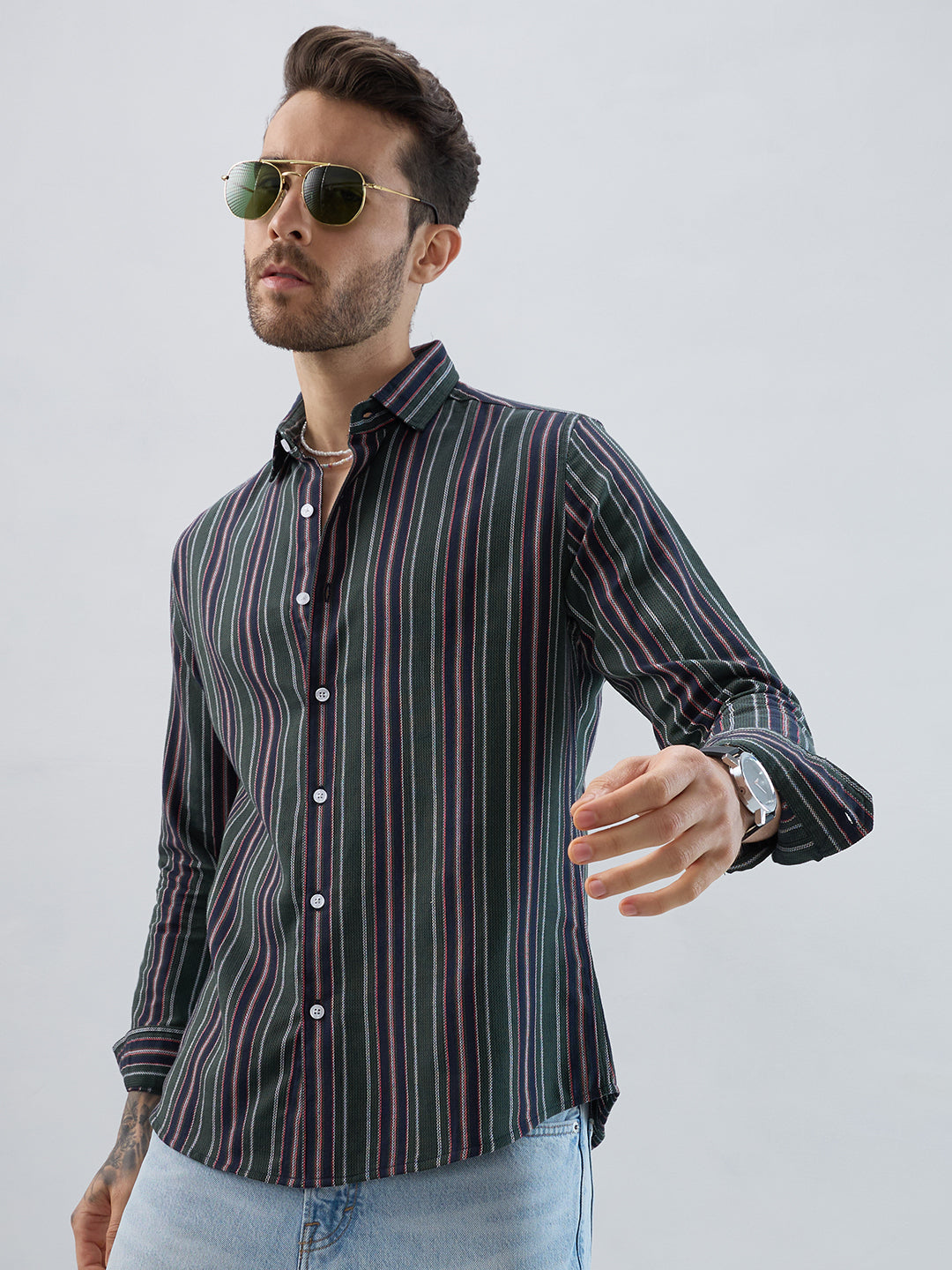 Premium Cotton Olive & Navy Balanced Striped Shirt