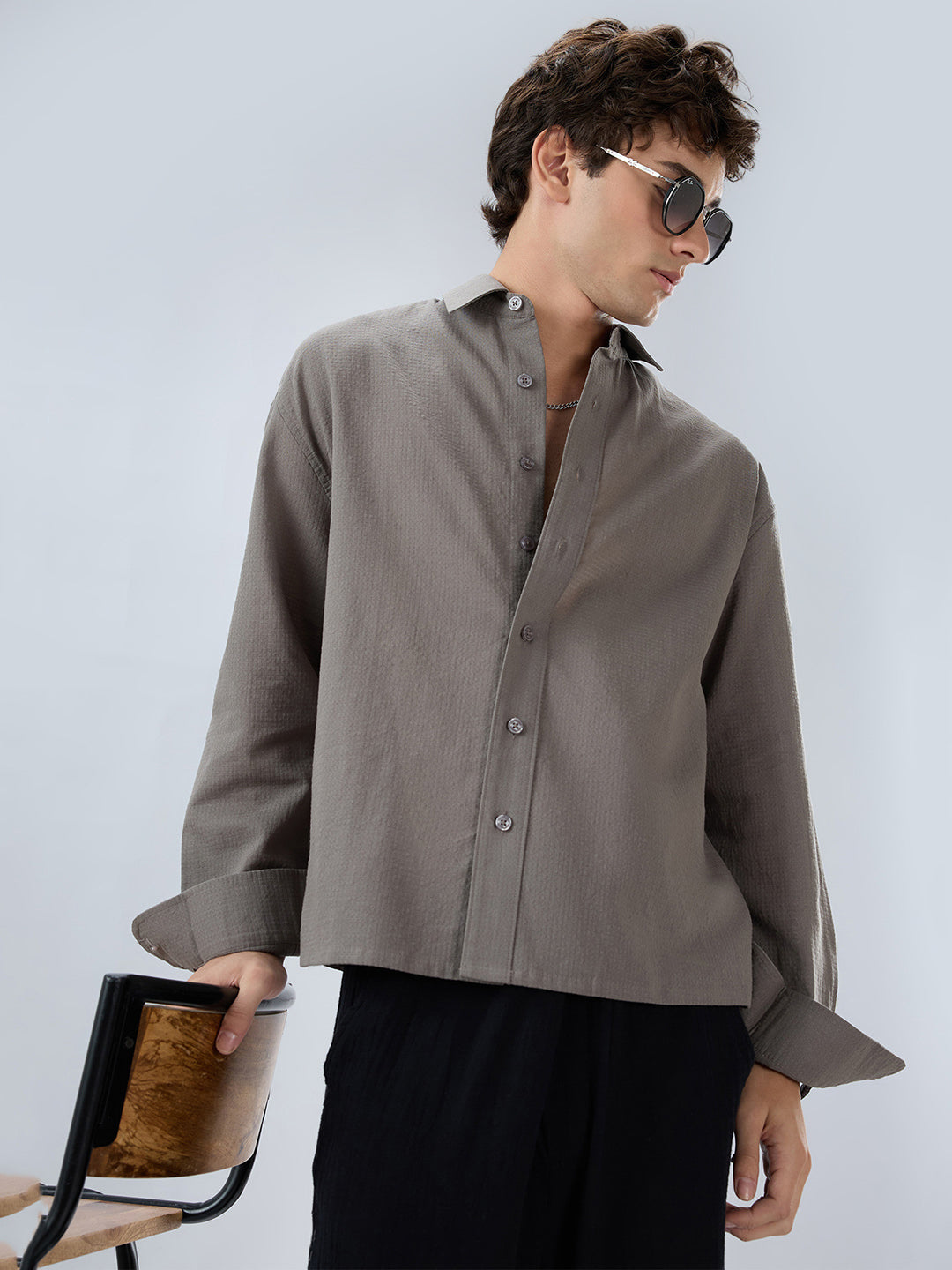 Ash Grey Micro Checked Weave Boxy Fit Crop Shirt