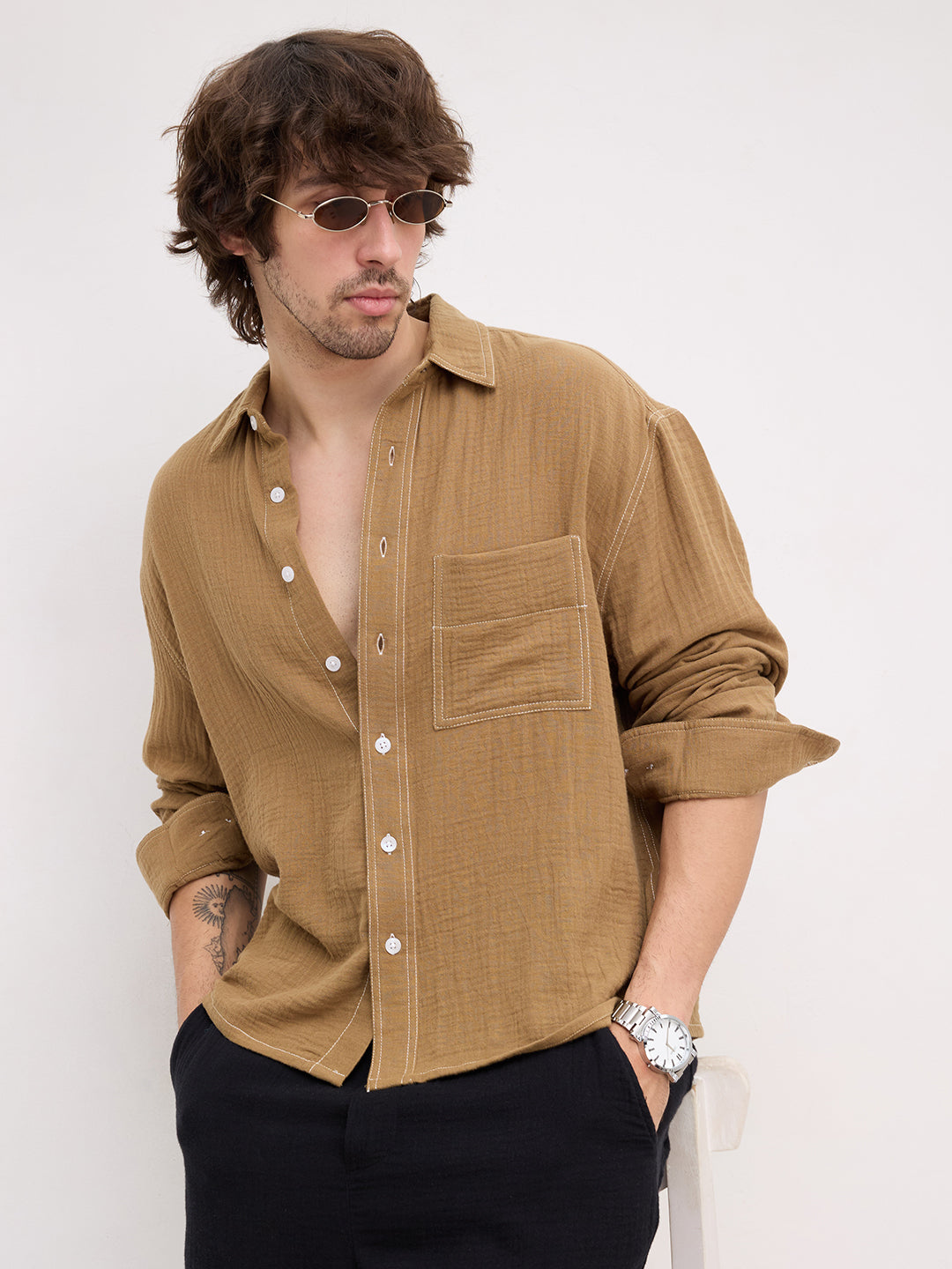 Wood Brown Double Cloth Contrast Stitch Boxy Fit Crop Shirt