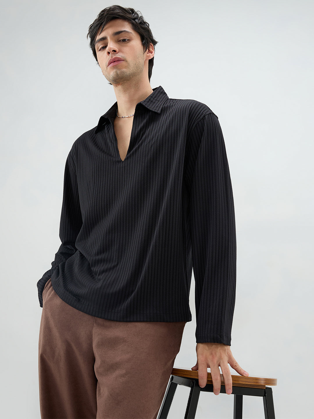 Black Dual Weave Striped Oversized Polo Knit Shirt