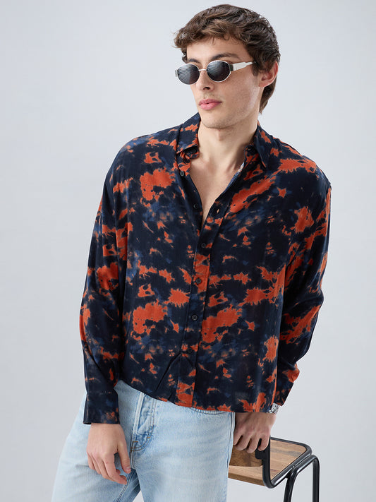 Burnt Orange Tie-Dye Printed Boxy Fit Crop Shirt