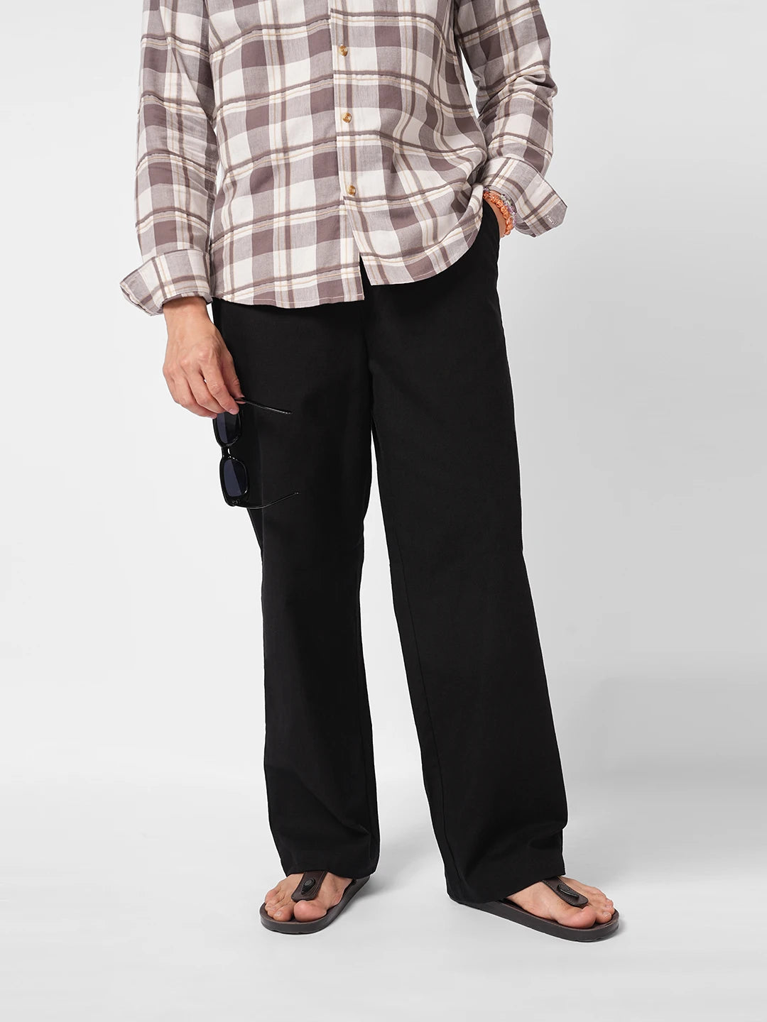 Timeless Black Slub Weave Straight Fit Trousers