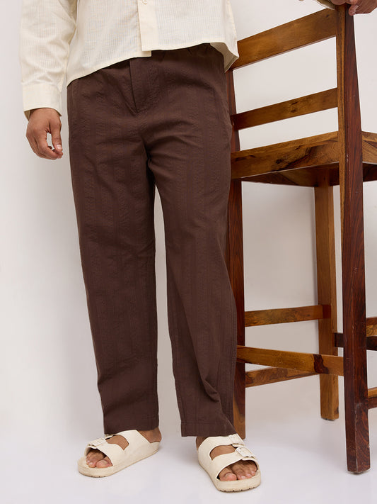 Coffee Brown Seersucker Striped Tapered Trousers