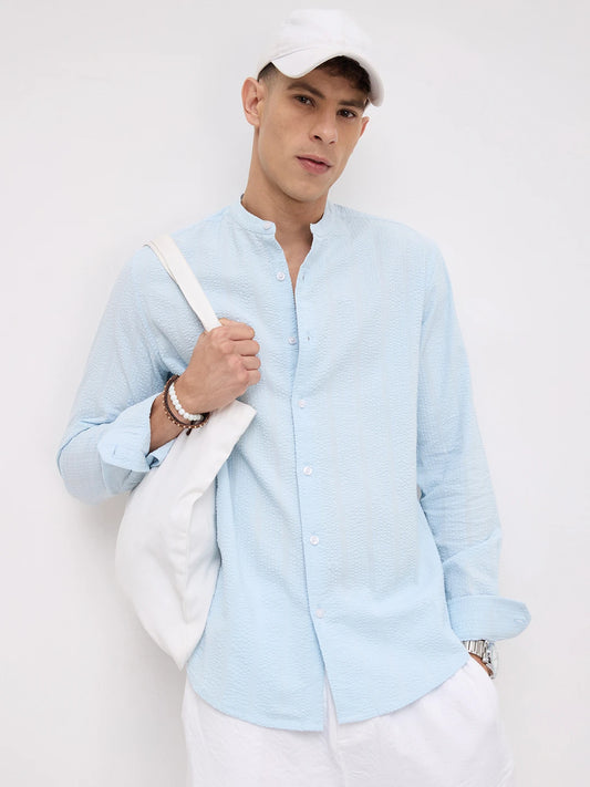 Luxe Sky Blue Seersucker Mandarin Shirt