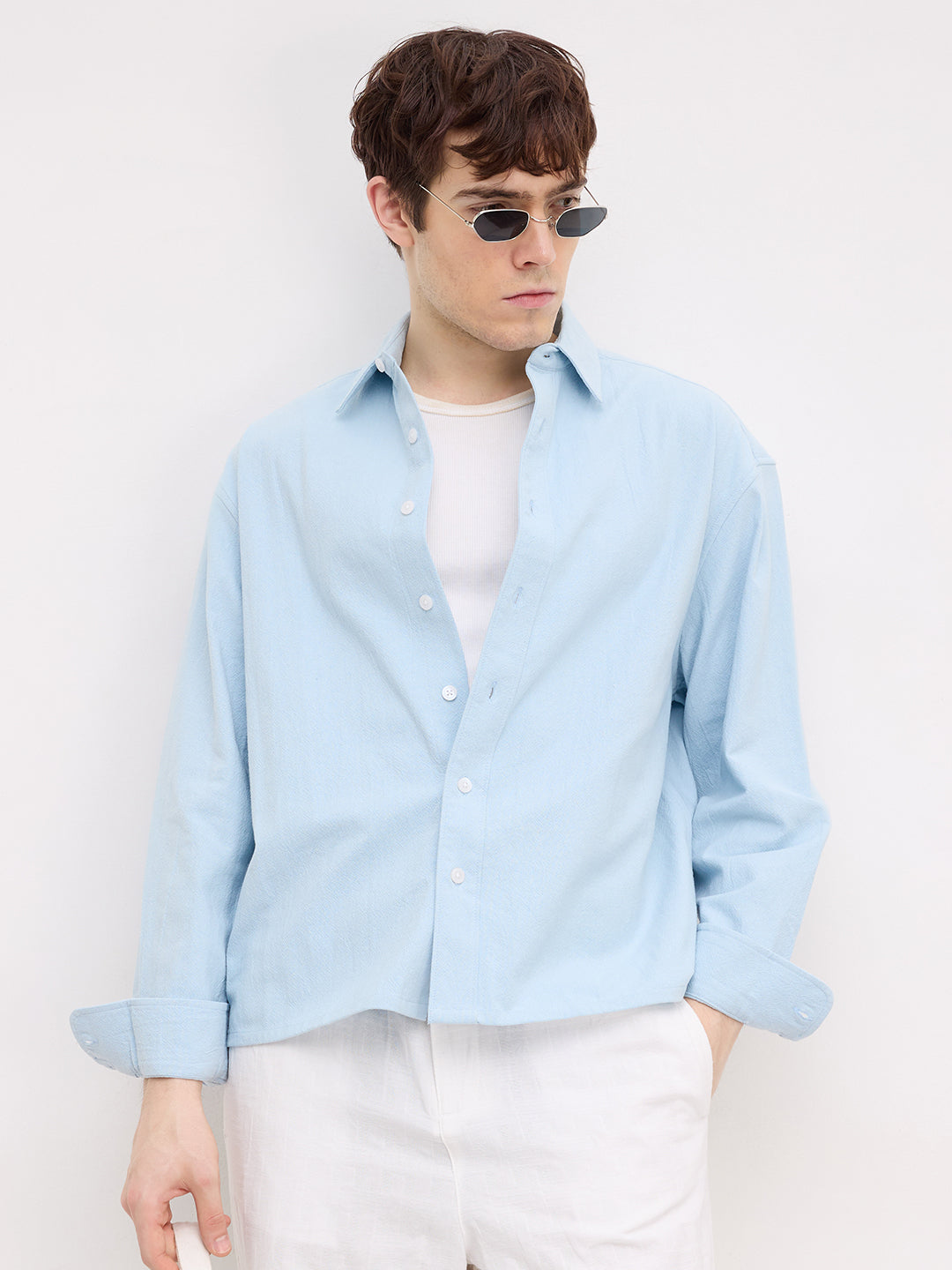 Refreshing Aqua Blue Solid Boxy Fit Crop Shirt