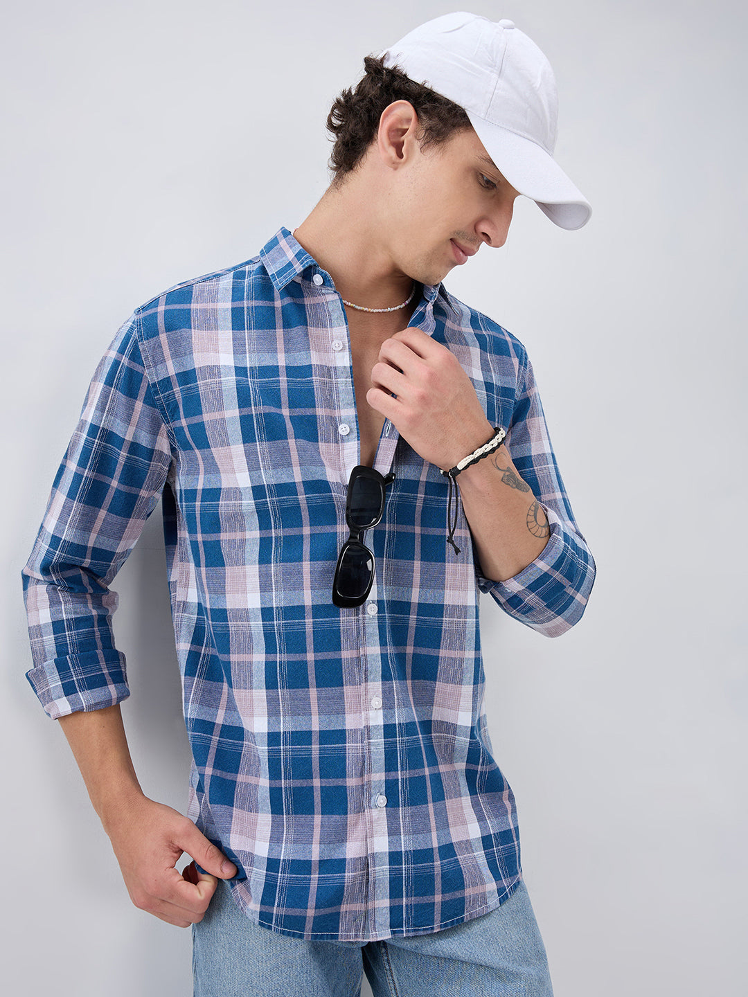 Denim Blue & Peach Multi Line Block Checks Shirt