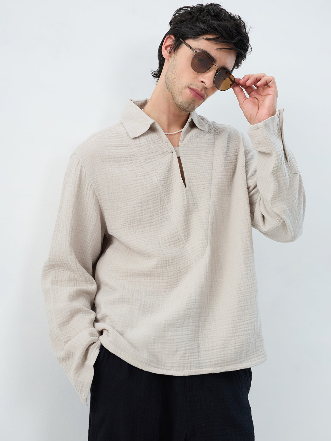 Cloud Grey Cuffless Double Cloth Oversized Shirt