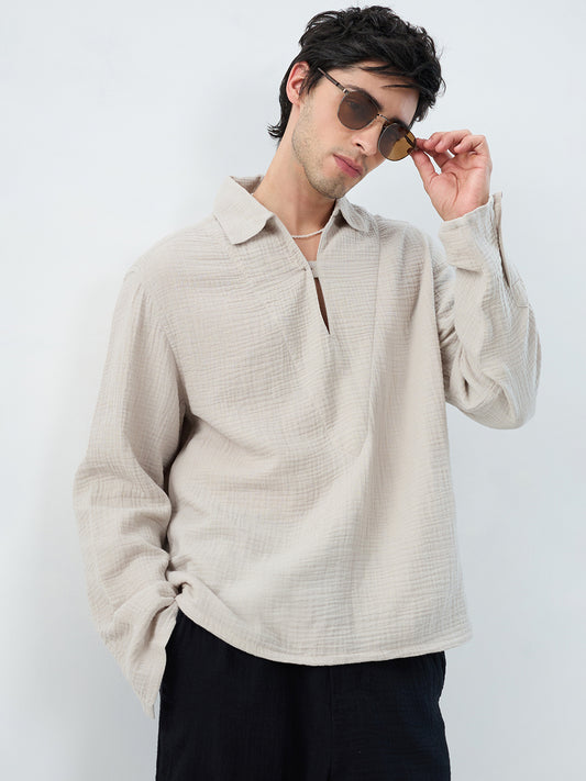 Cloud Grey Cuffless Double Cloth Oversized Shirt