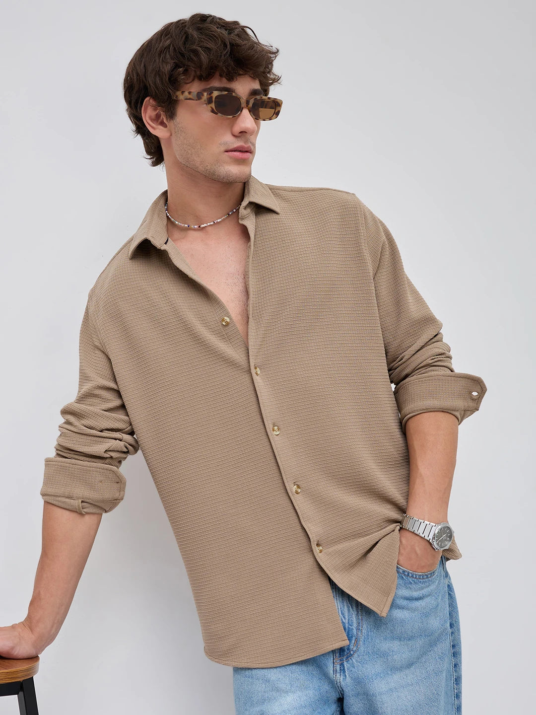 Refined Khaki Gingham Checks Knitted Shirt