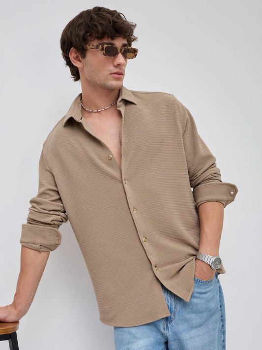 Refined Khaki Gingham Checks Knitted Shirt