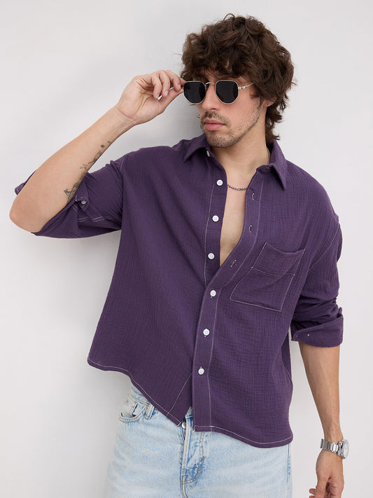 Aubergine Purple Contrast Stitch Double Cloth Boxy Fit Crop Shirt
