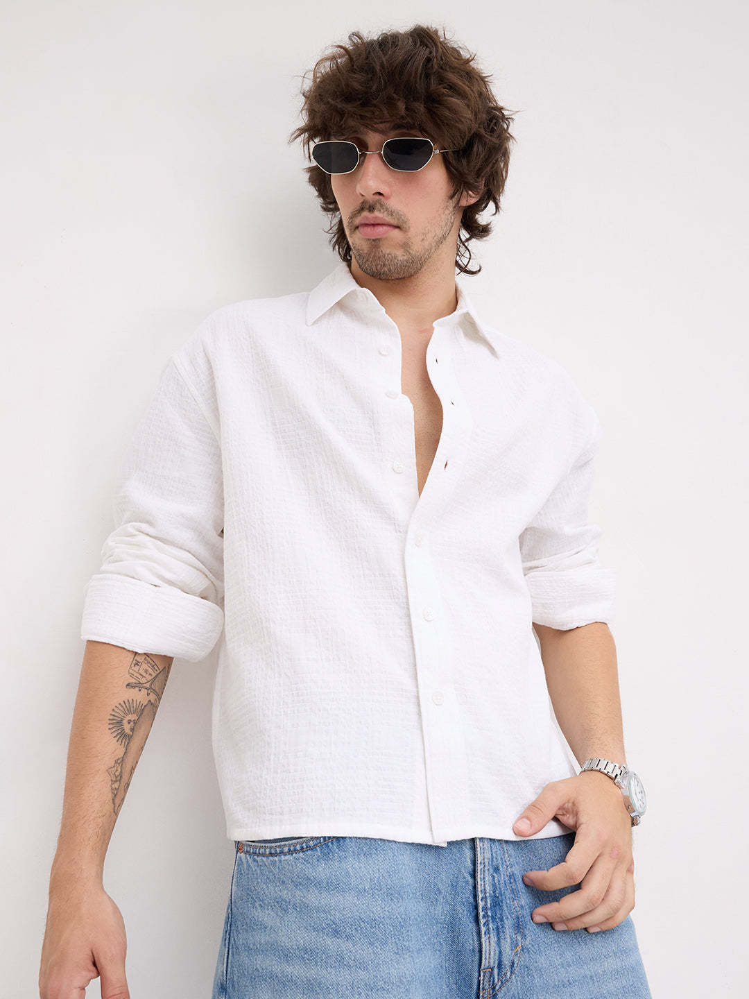 Intricate Pearl White Geometric Textured Boxy Fit Crop Shirt