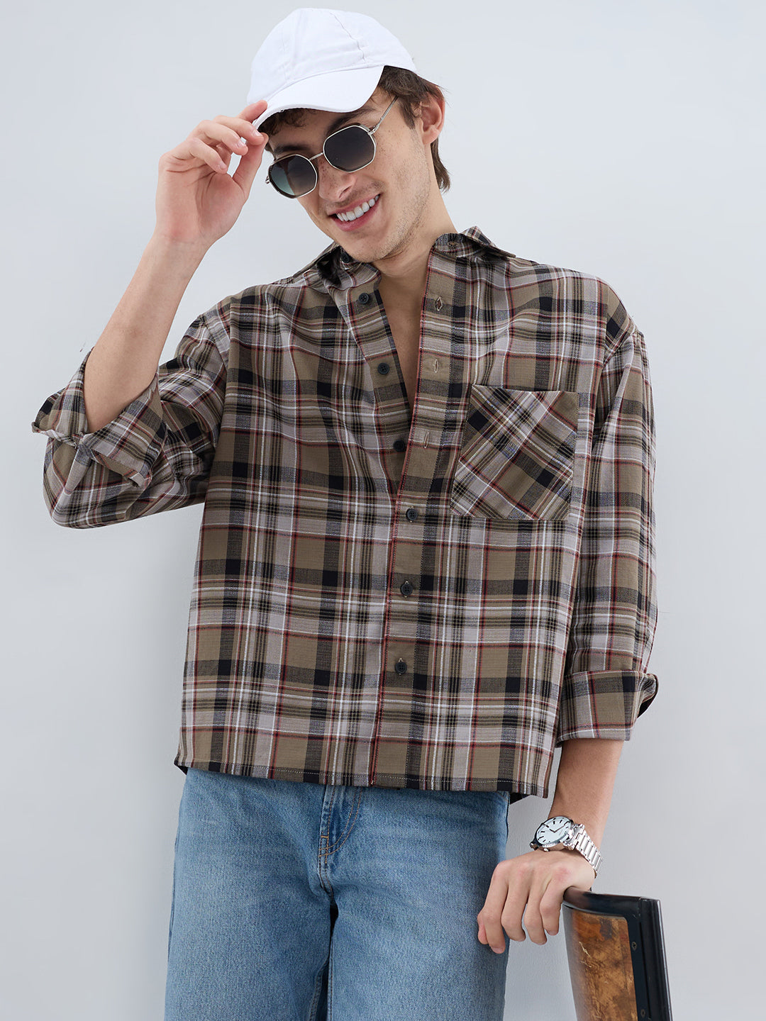 Muted Olive Plaid Checks Boxy Fit Crop Shirt