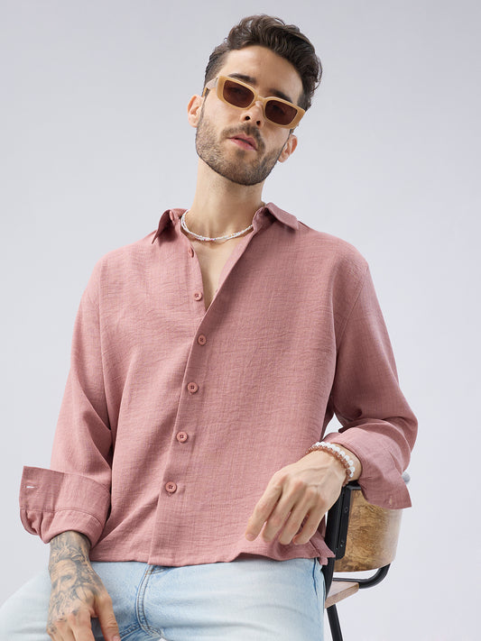 Turkish Rose Pink Slub Textured Side-Slit Button Crop Shirt