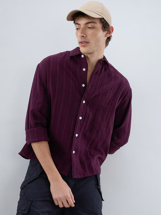 Elegant Wine Double Cloth Seersucker Striped Boxy Fit Crop Shirt