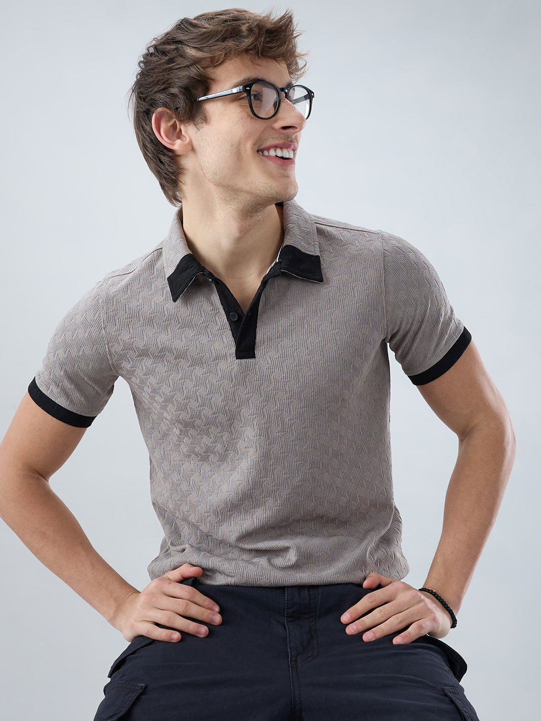 Shadow Grey Textured Contrast Polo Neck Knit T-shirt