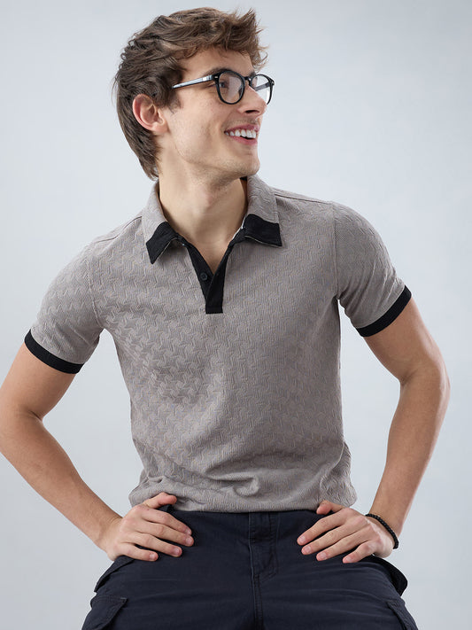 Shadow Grey Textured Contrast Polo Neck Knit T-shirt
