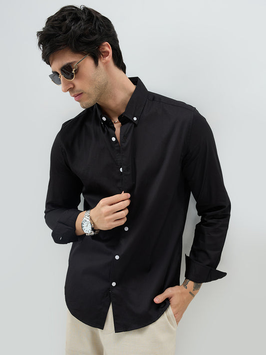 Jet Black Satin Button-Down Collar Luxe Shirt