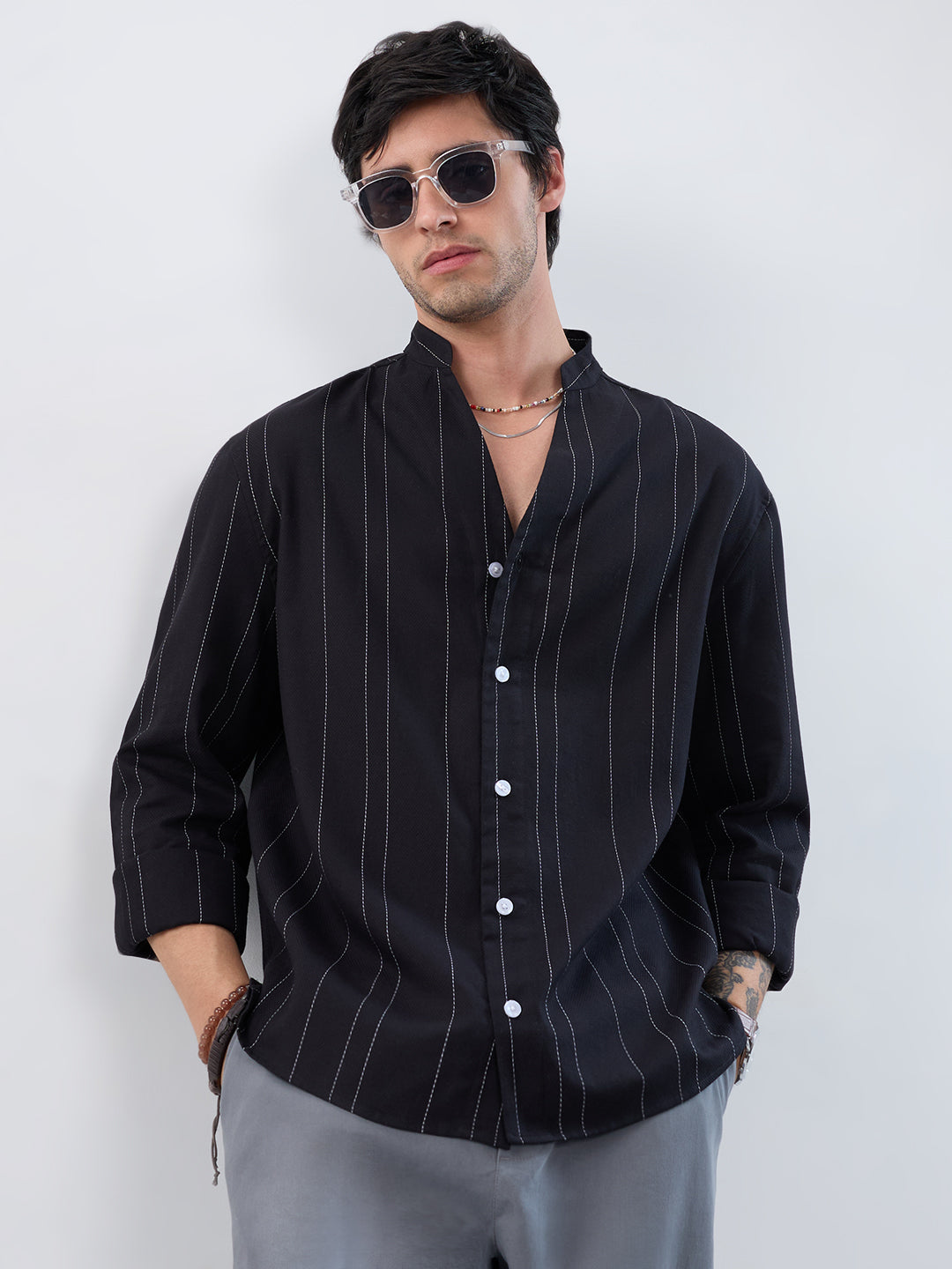 Refined Black Pinstripe Stand-Collar Oversized Shirt