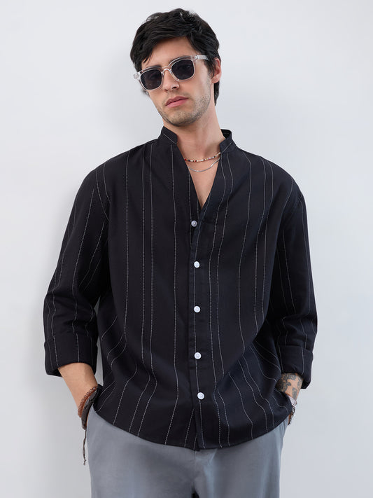 Refined Black Pinstripe Stand-Collar Oversized Shirt
