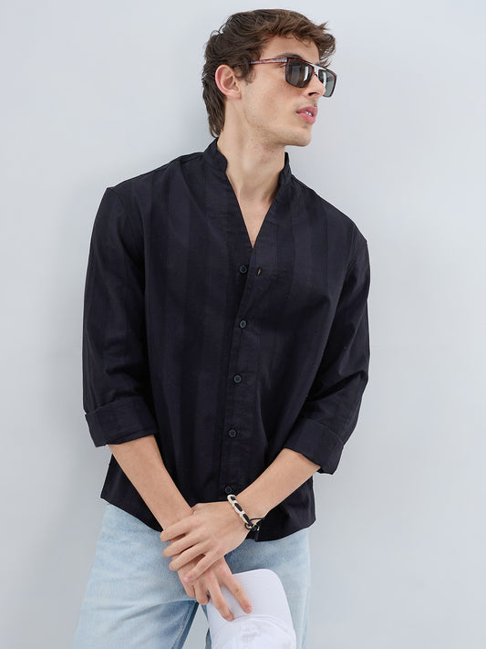 Black Panel Textured Stand Collar Oversized Shirt